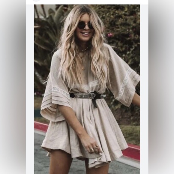 Spell Dresses & Skirts - Spell Tan Mini Dress with Cream Details